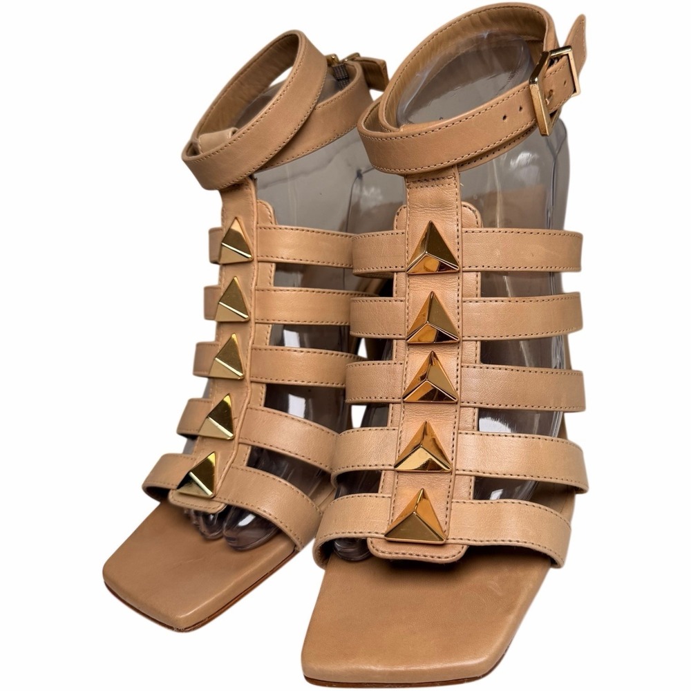 Schutz Kyrie Studded Cage Sandals Tan Leather Block Heel Ankle Strap 8 Gladiator - Picture 4 of 14